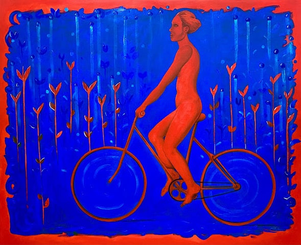 Buy a painting of a man in the bicycle called Paseo al desnudo II.